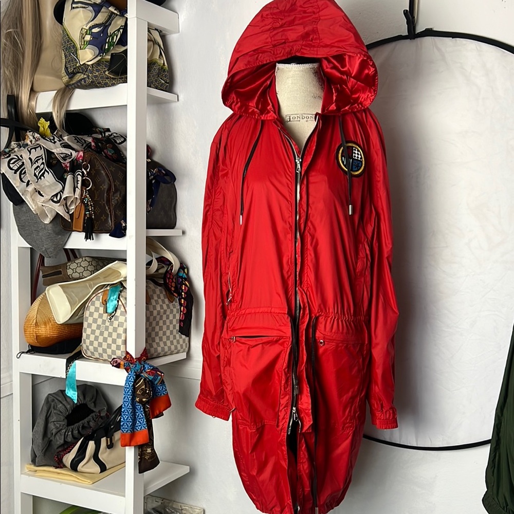 Cordova  🆕 Red Hooded Coat Zip Up Pockets Long Tech Trench Jacket Windbreaker L